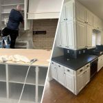 Two images showcasing a painter at work and the beautifully finished painted kitchen cabinets in Jonathon Cunningham’s home.