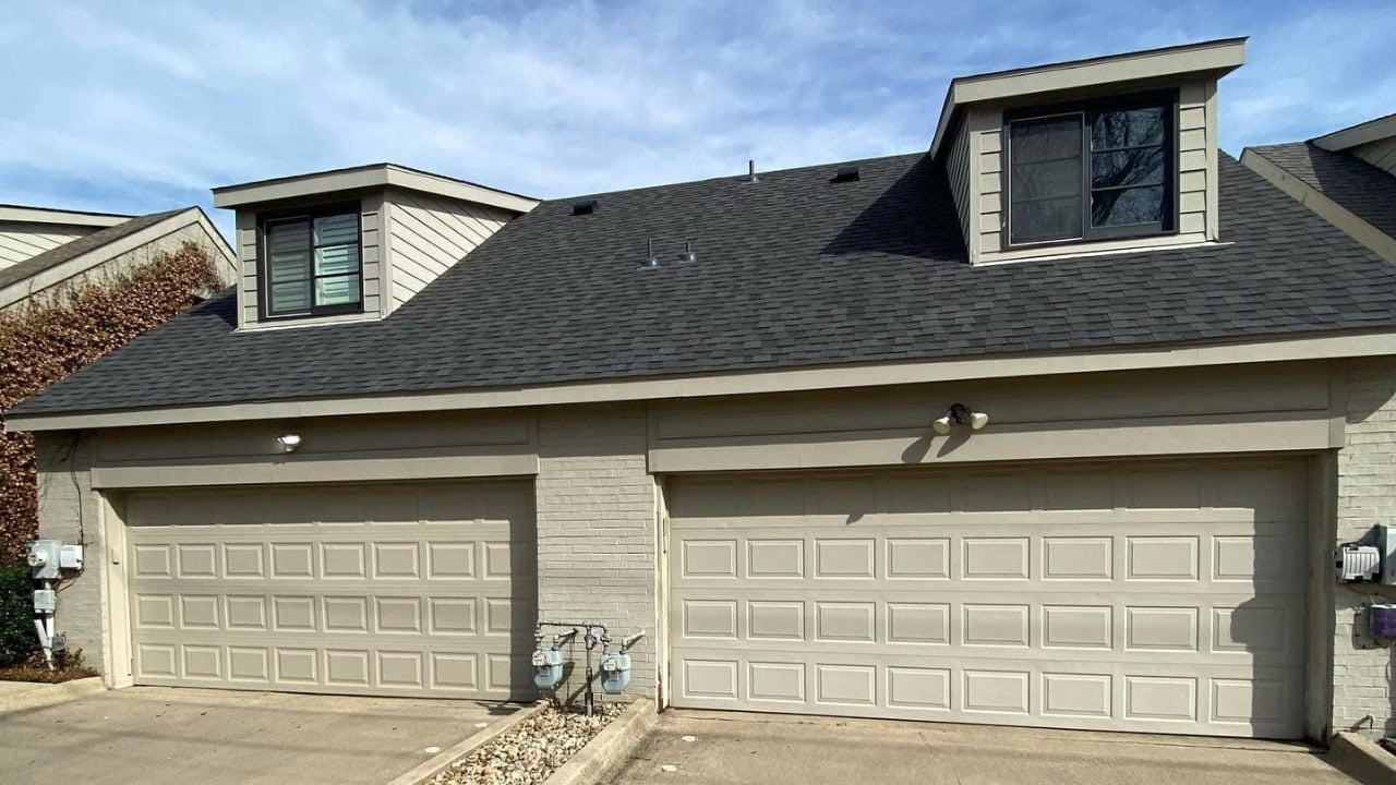 A newly painted garage using a cream color paint.