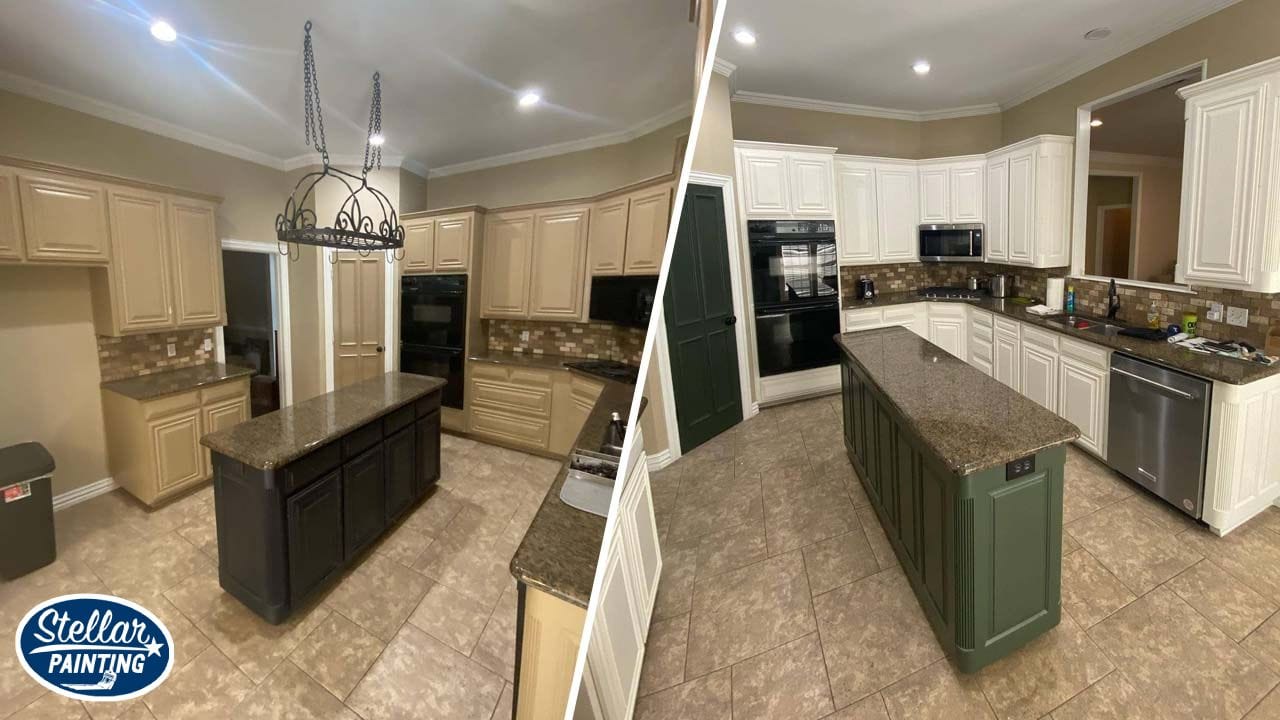 A before and after photo of cabinet painting job done by Stellar Painting.