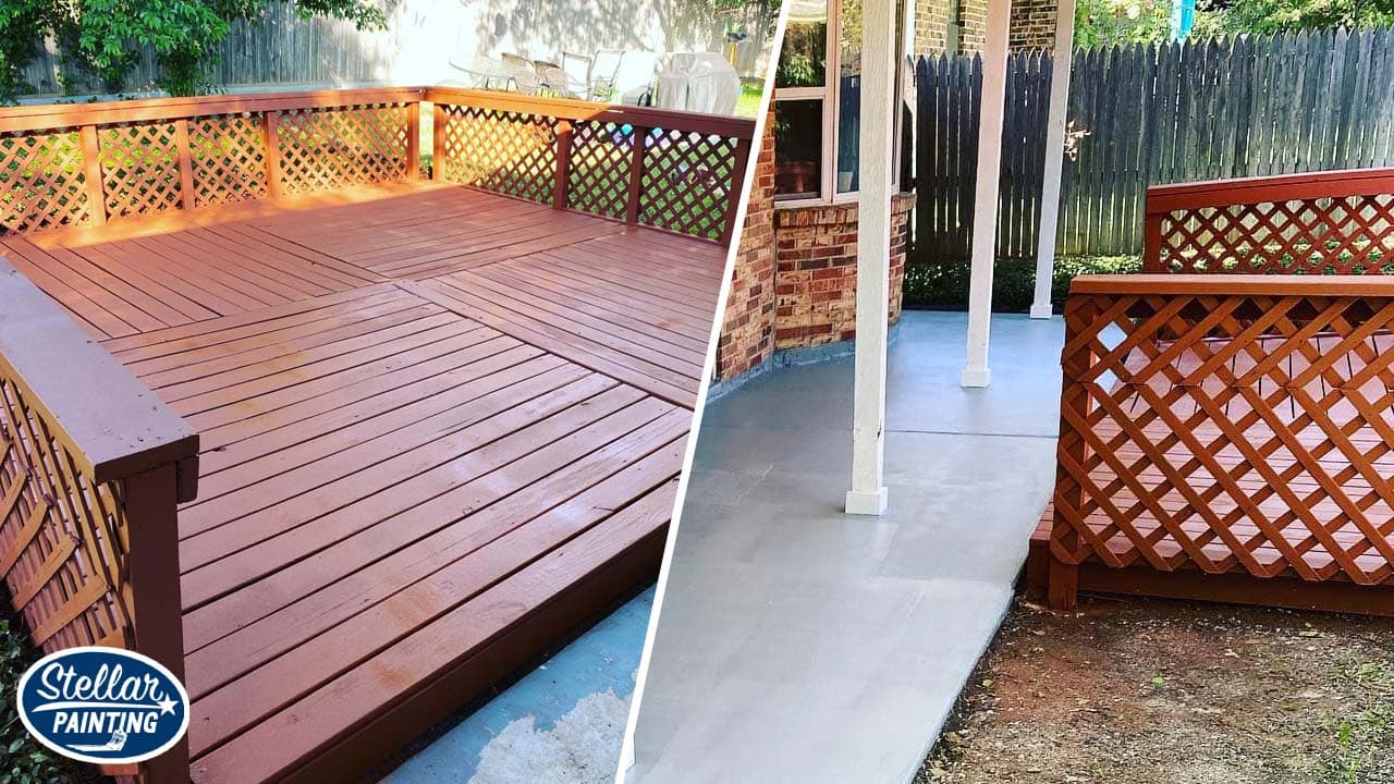 Split image of deck painting services in Fort Worth, TX.