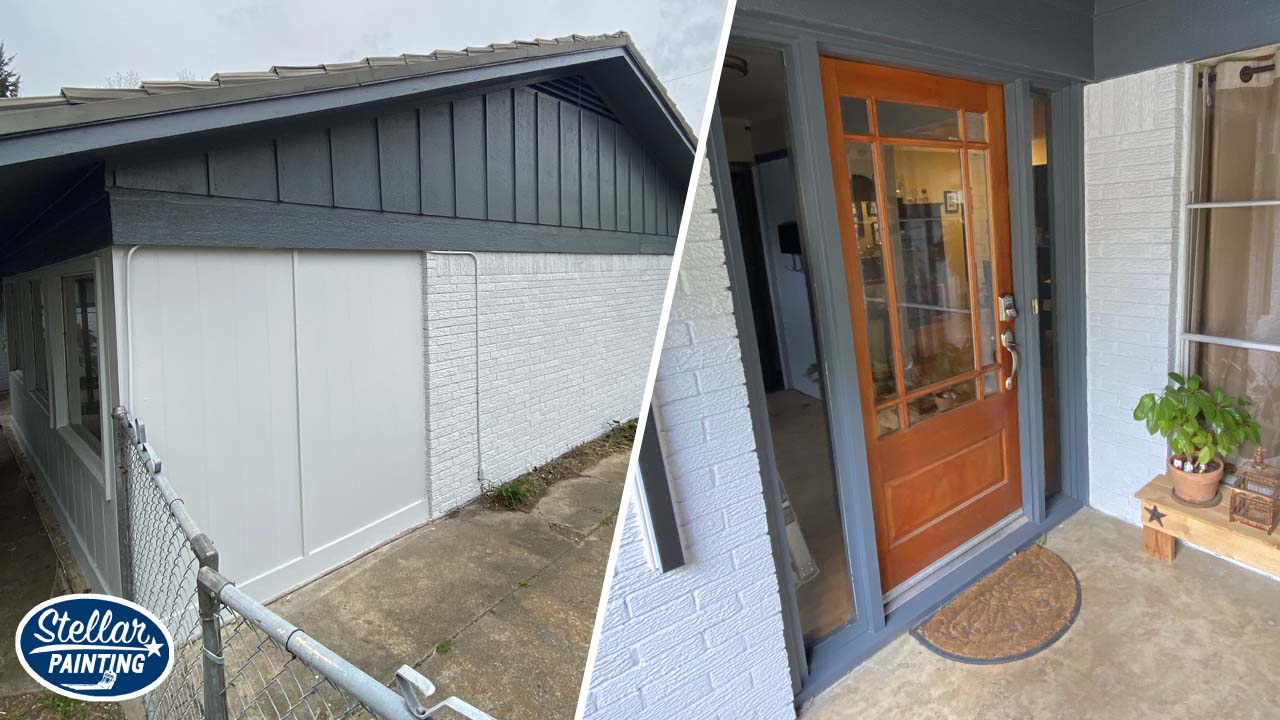 Split image of two recent exterior painting projects in Fort Worth.