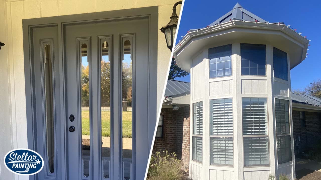 Split image of two images from recent specialized exterior residential painting projects in the Fort Worth area.