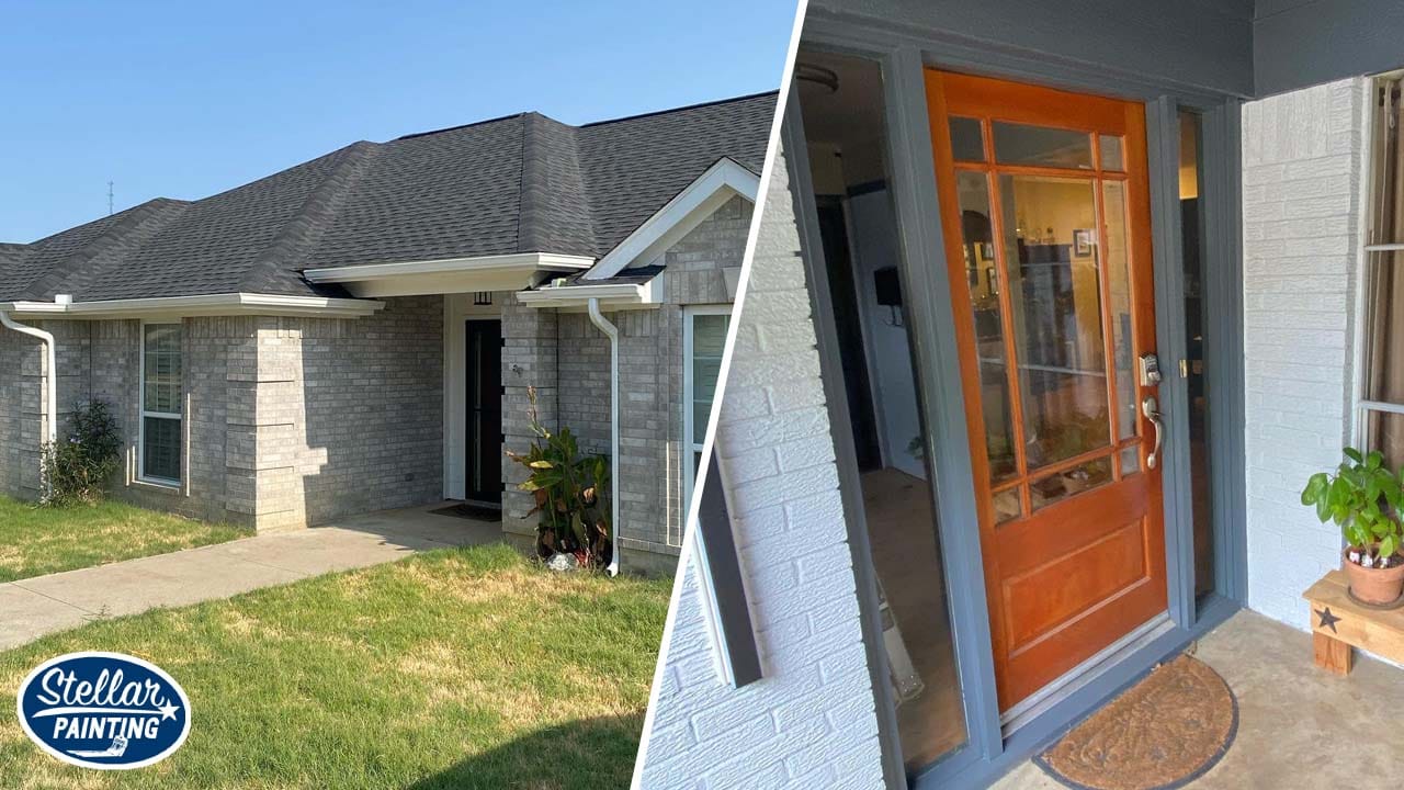 Split image of a newly painted grey and white house on the left and a close-up of the freshly painted front wood door.