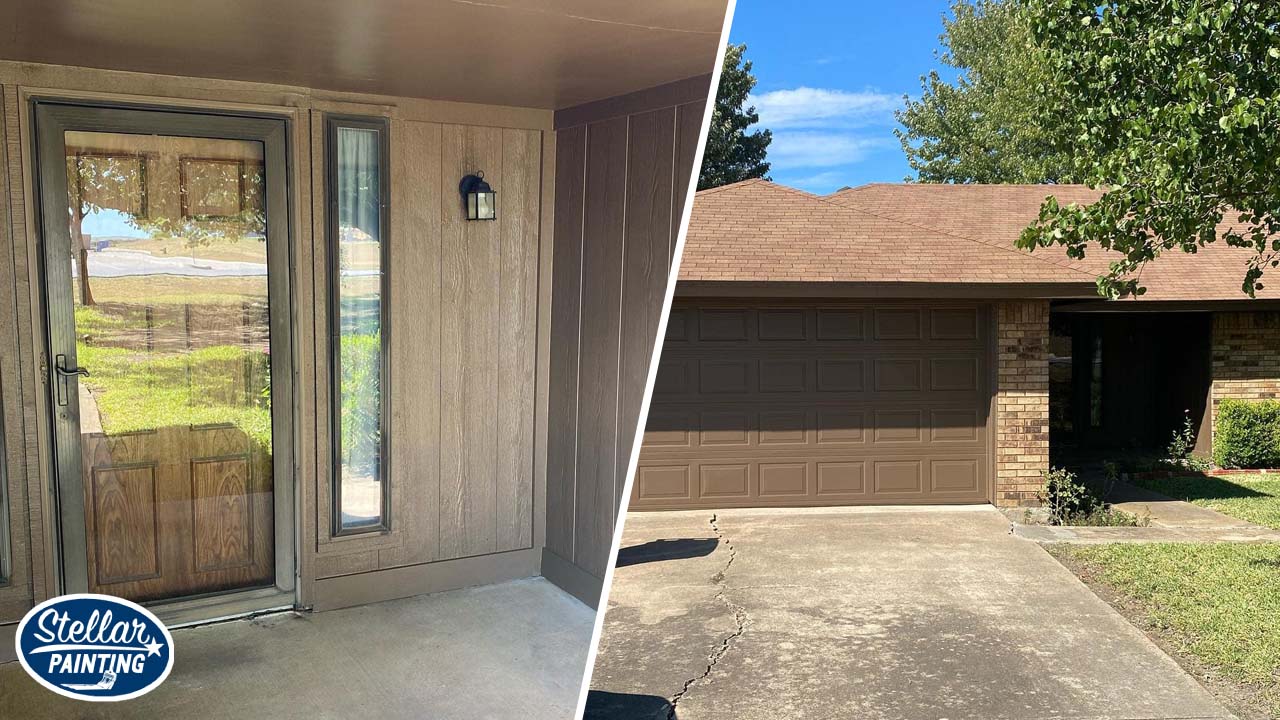 This is a split image showing details of recently painted homes. On the left is a detail of a front door entry and on the right is a freshly painted ranch home.