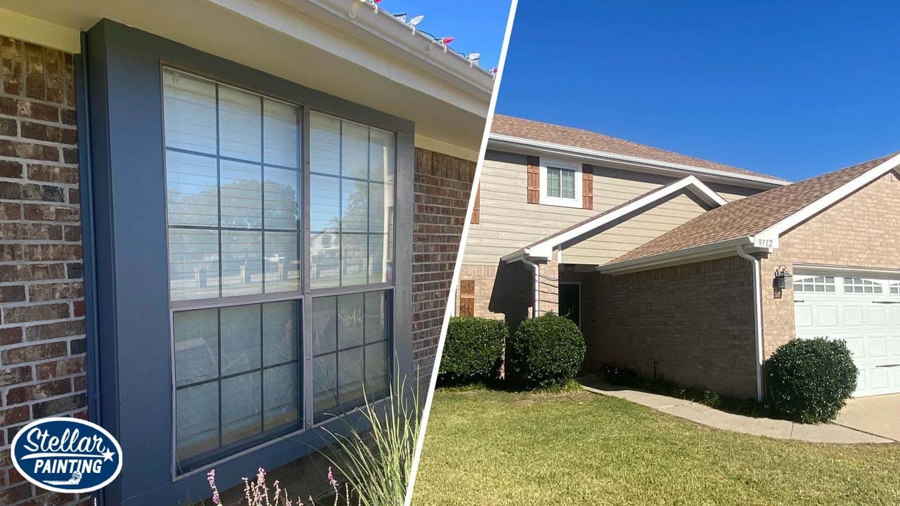 This is a split imge from recent residential painting projects. The image on the left is s close-up of an exterior window box On the right is a view of the home from the street.