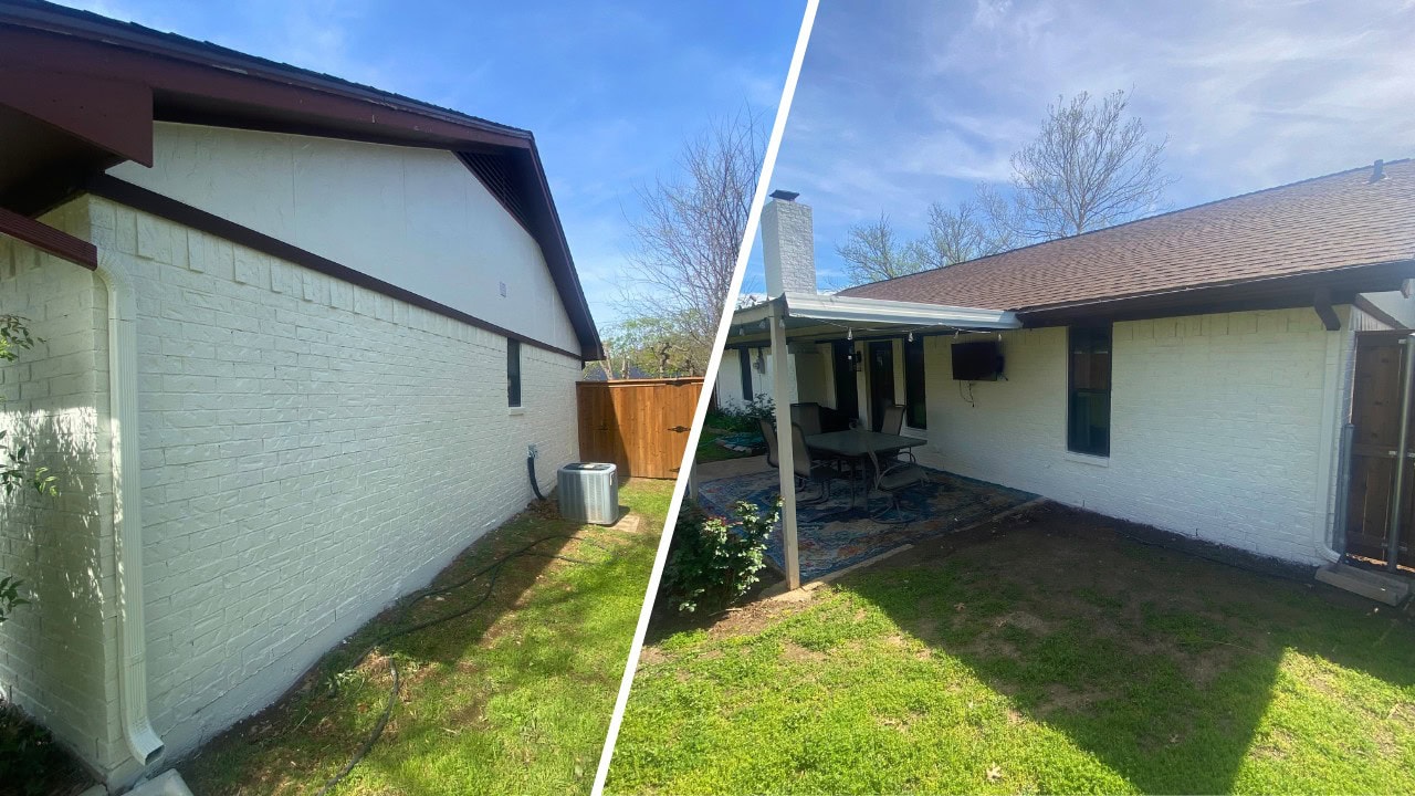 Split image showing two angles of a freshly painted brick home, highlighting its light, modern, and welcoming exterior.