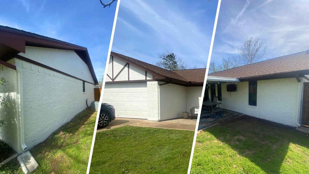 Split image of a freshly painted brick home from three angles, showing its vibrant exterior transformation.