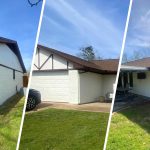 Split image of a freshly painted brick home from three angles, showing its vibrant exterior transformation.