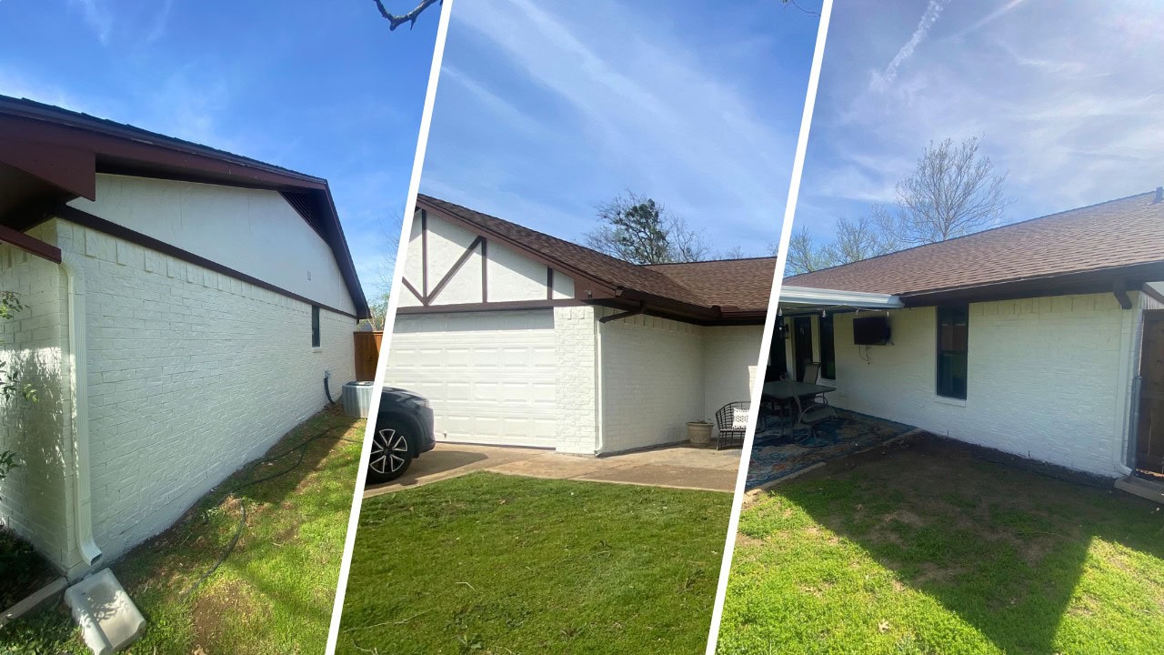 Split image of a freshly painted brick home from three angles, showing its vibrant exterior transformation.