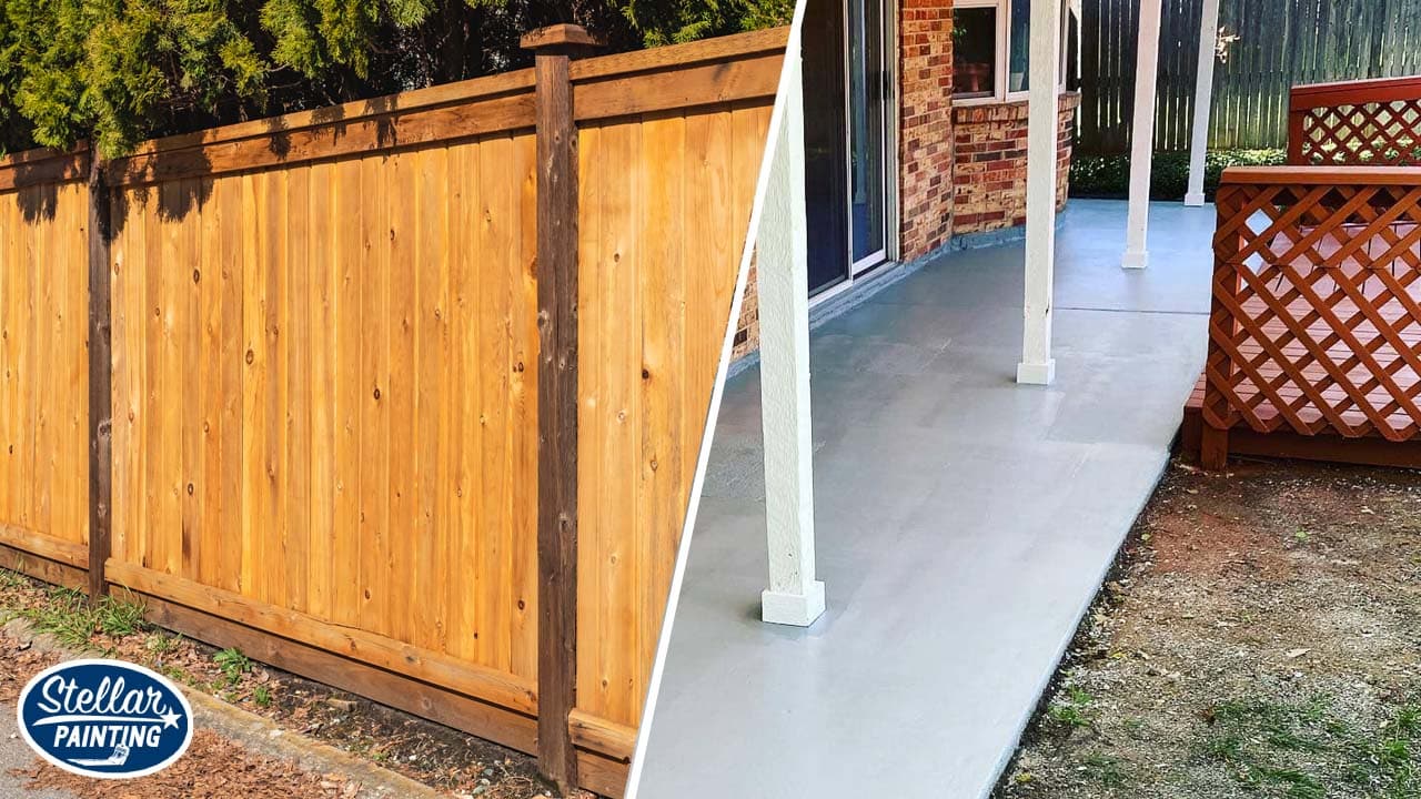 A split image of fence and deck staining in Fort Worth, TX.