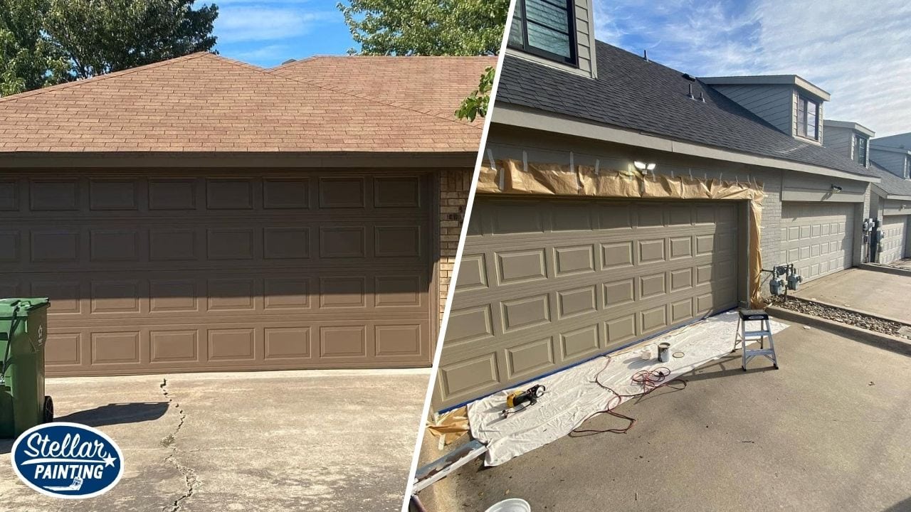 Split image that shows garage that is painted with brown color paint.