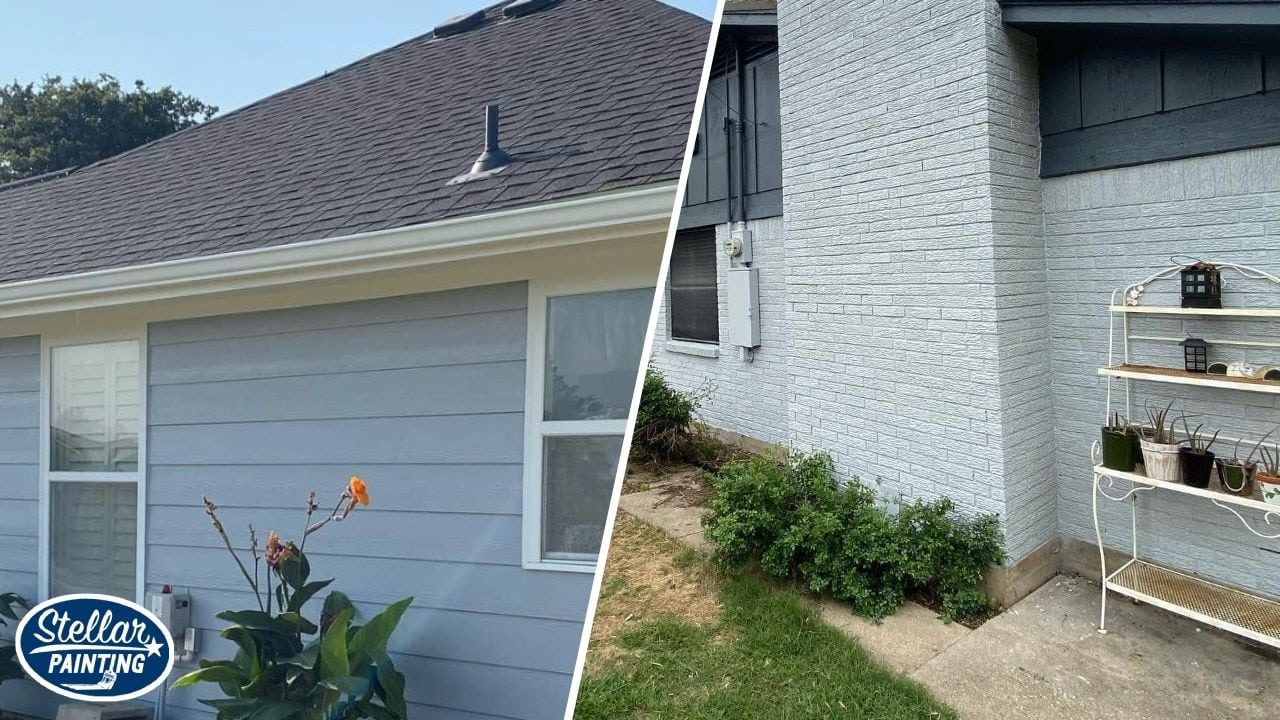 An exterior of a house in Fort Worth, TX that is painted with blue color paint.