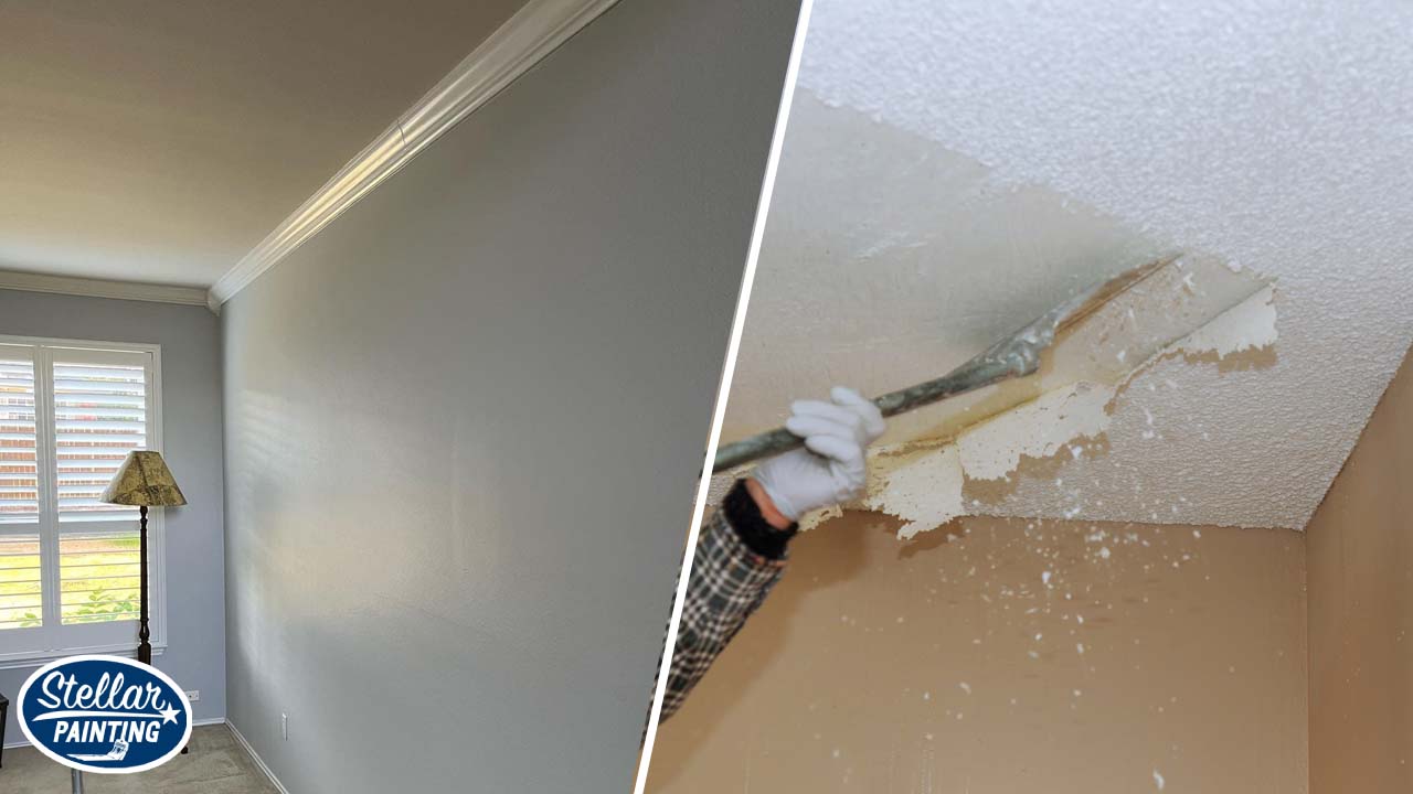 This is a plit image. On the left is the finsihed room and on the right is a close-up of the ceiling being scraped to remove the popcirn texture.
