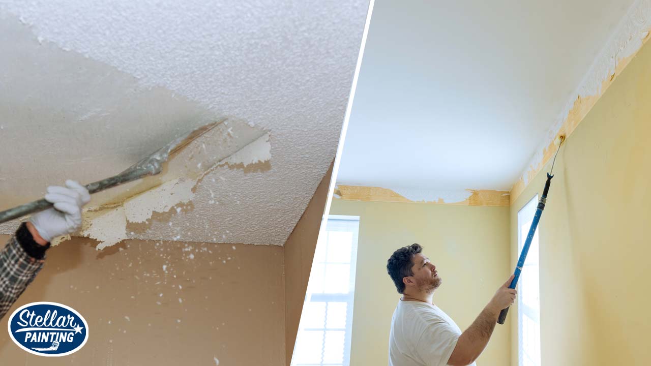 This is a split image showing a ceiling being scraped to remove the popcorn texture and then on the right the celing and room being repainted.