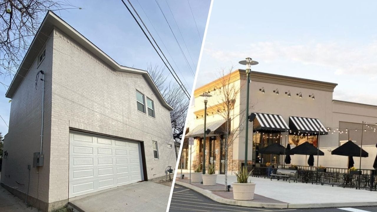a split images of a residential home and a commercial building showcasing exterior painting work by professional painters.