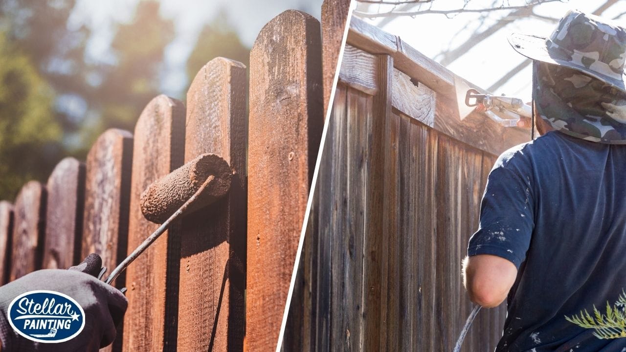 Split image that shows fence that is painted with brown color paint.