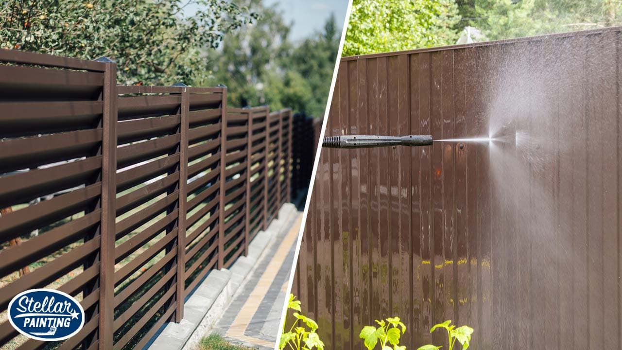 Split image that shows fence that is painted with brown color paint.