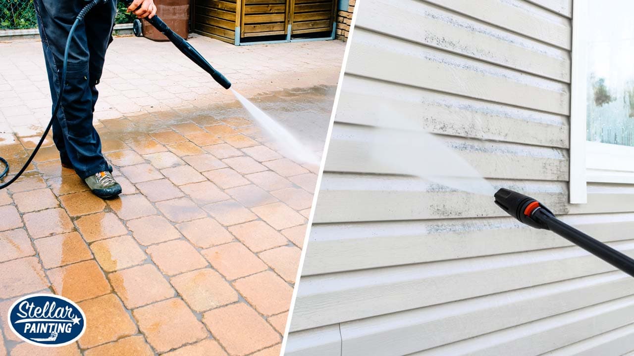 Professional pressure washing removes dirt and grime from patios and siding.