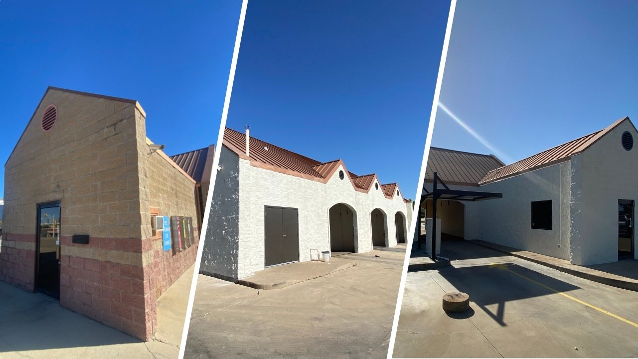 Split-frame image featuring one before photo of Nagra Commercial’s original brick exterior and two after images displaying the results of Stellar Painting’s commercial painting Fort Worth project.
