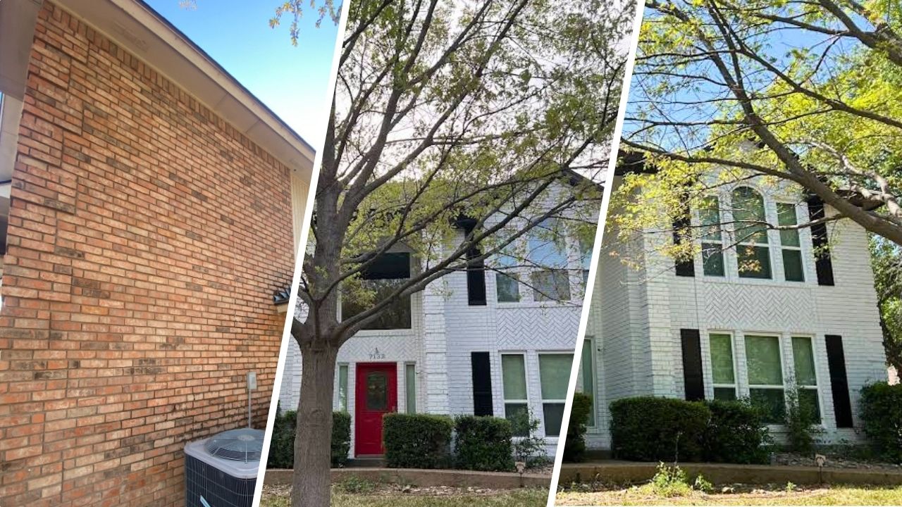 Work by Stellar Painting’s exterior painting contractors featuring a close-up before image of the brick wall on Kallie de Vries' home and two angles of the freshly painted exterior.