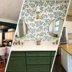 This is a three-way split image of interior and cabinet painting by Stellar Painting in Alexandra Meadows Fort Worth, TX, showcasing a green kitchen, floral-accented bathroom, and white cabinetry.