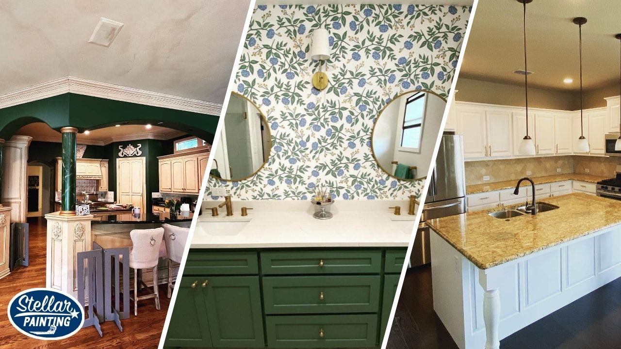 This is a three-way split image of interior and cabinet painting by Stellar Painting in Alexandra Meadows Fort Worth, TX, showcasing a green kitchen, floral-accented bathroom, and white cabinetry.