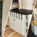 This is a cabinet painting project by Stellar Painting in Diamond Hill-Jarvis Fort Worth, TX, displaying a green built-in, a white wine storage island, and a full white kitchen.