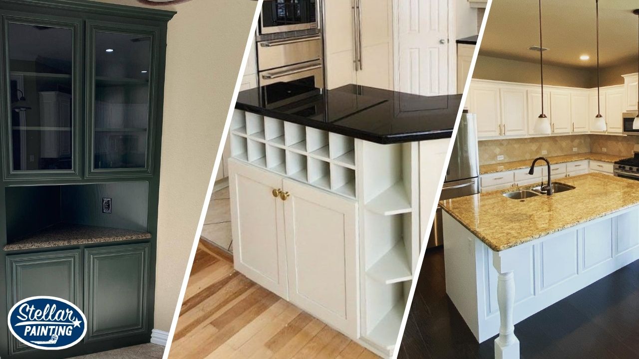 This is a cabinet painting project by Stellar Painting in Diamond Hill-Jarvis Fort Worth, TX, displaying a green built-in, a white wine storage island, and a full white kitchen.
