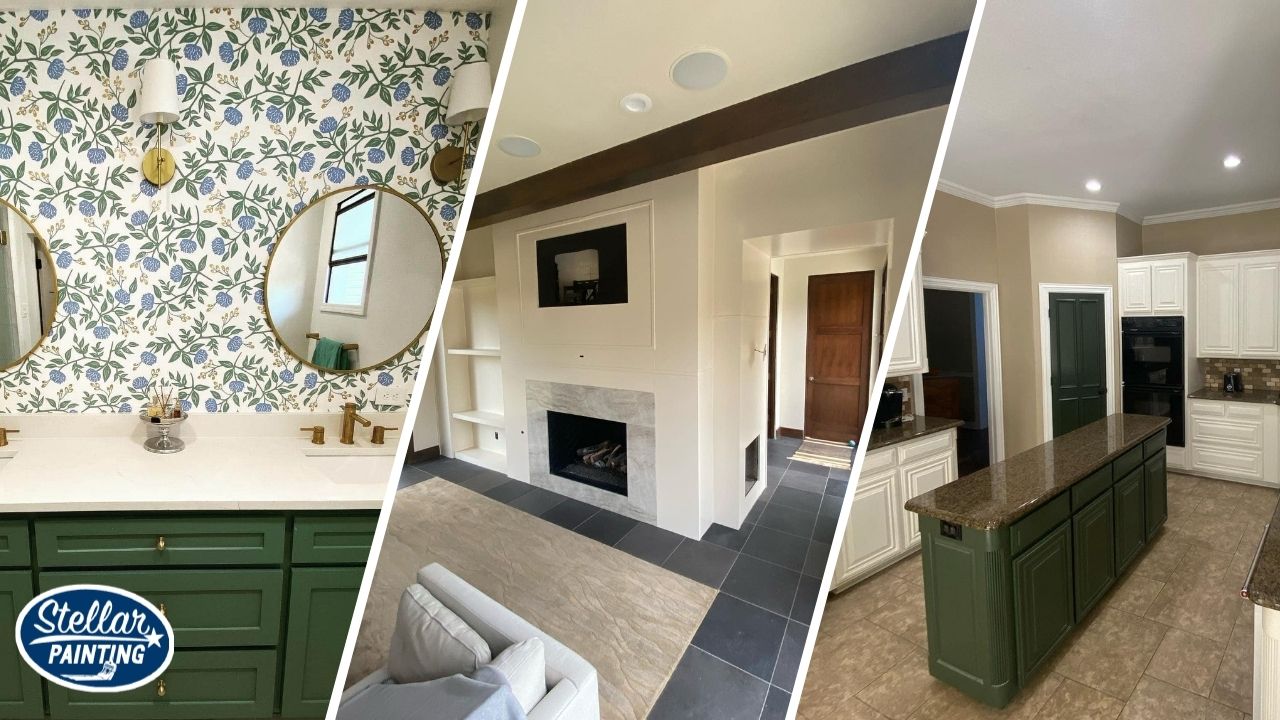 This is a split image of cabinet painting in Fort Worth.