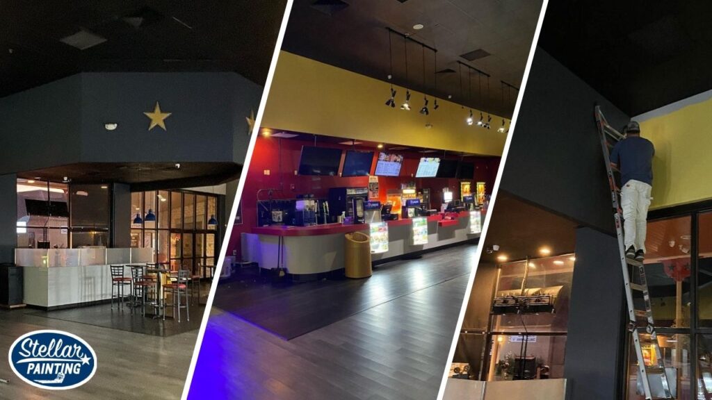 This is a commercial painting project by Stellar Painting in Alexandra Meadows Fort Worth, TX, highlighting a movie theater interior, counter area, and a painter working on a tall yellow feature wall.