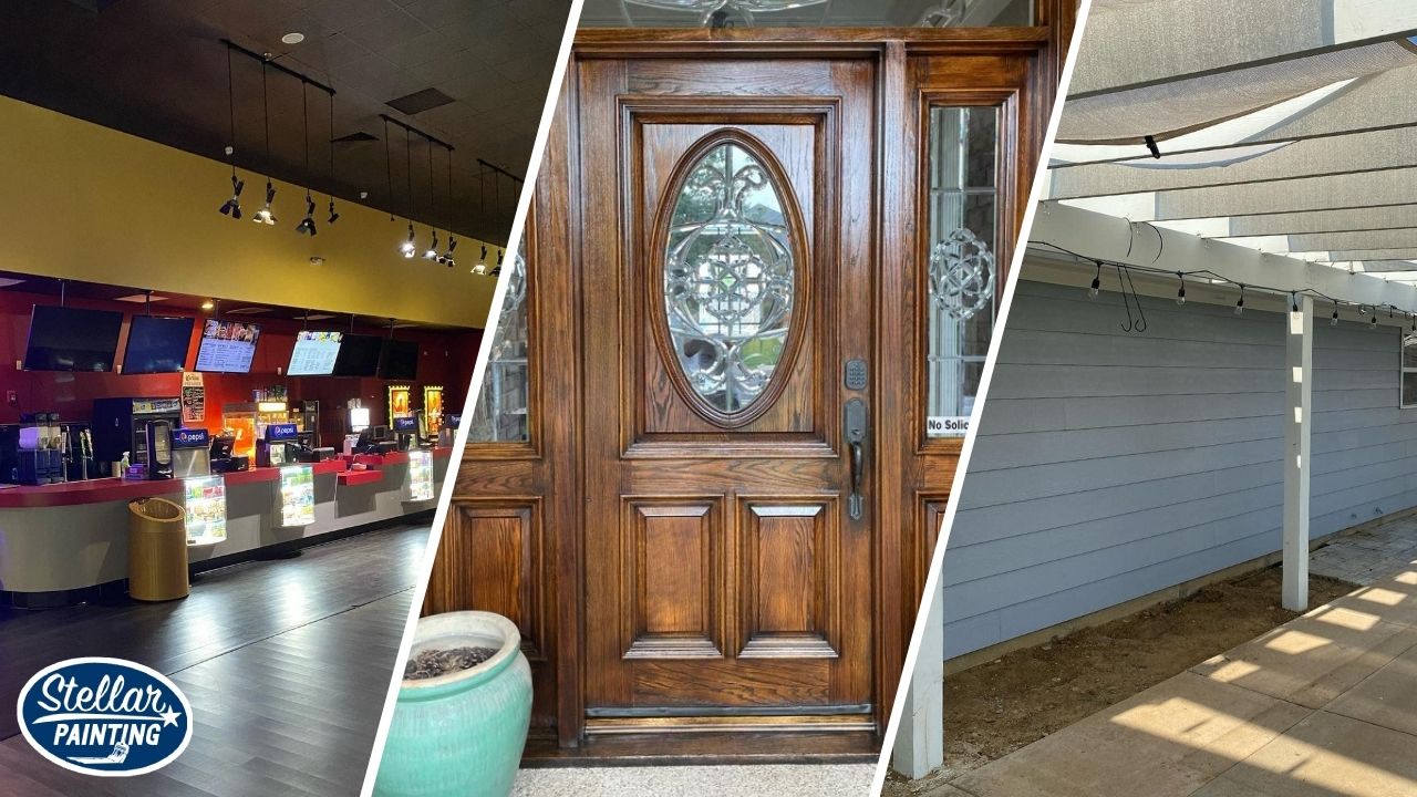 This is a commercial painting project by Stellar Painting in Diamond Hill-Jarvis Fort Worth, TX, highlighting a movie theater interior, wood-finish front door, and patio siding.