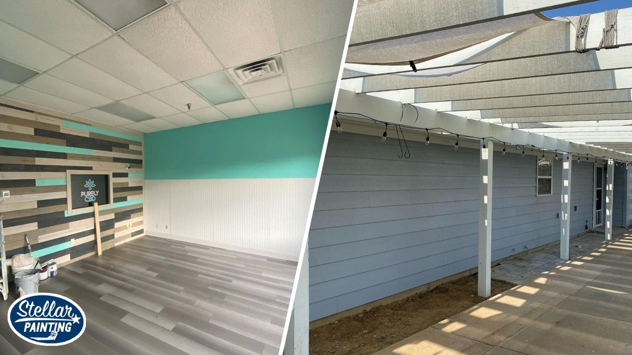 Commercial Painting Diamond Hill-Jarvis Fort Worth, TX - Special Services - Stellar Painting This is a commercial painting project by Stellar Painting in Diamond Hill-Jarvis Fort Worth, TX, showing a retail interior accent wall and freshly painted exterior siding.