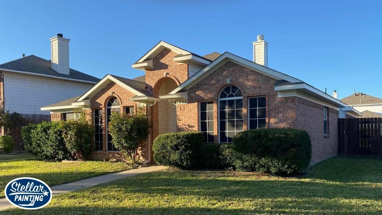Exterior Painting Alexandra Meadows Fort Worth - Paint Types - Stellar Painting This is an exterior painting project by Stellar Painting in Alexandra Meadows Fort Worth, TX, featuring a red brick home with white trim.