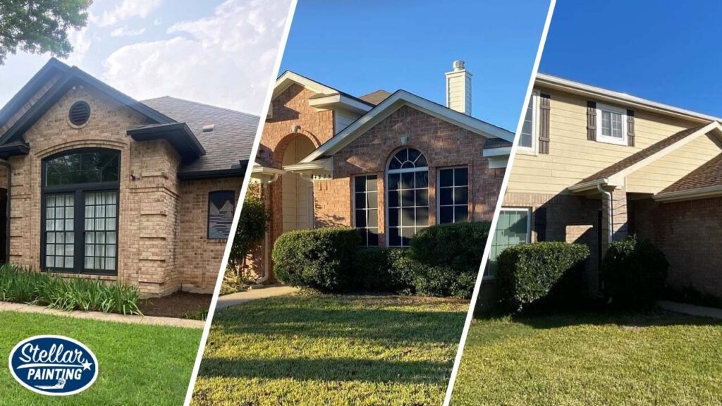 This is a three-way split image of exterior house painting projects by Stellar Painting in Alexandra Meadows Fort Worth, TX.