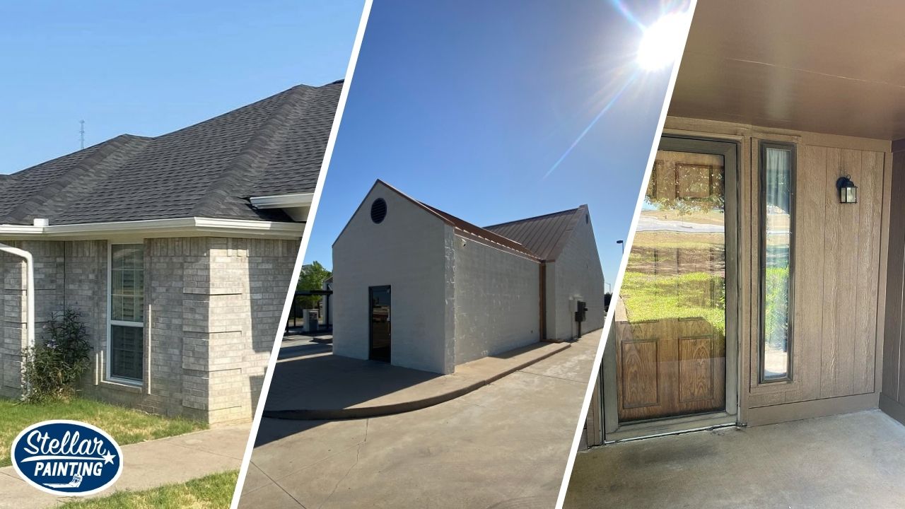 This is a mix of residential and commercial exterior painting by Stellar Painting in Diamond Hill-Jarvis Fort Worth, TX, showing brick siding, stucco walls, and a patio entrance.