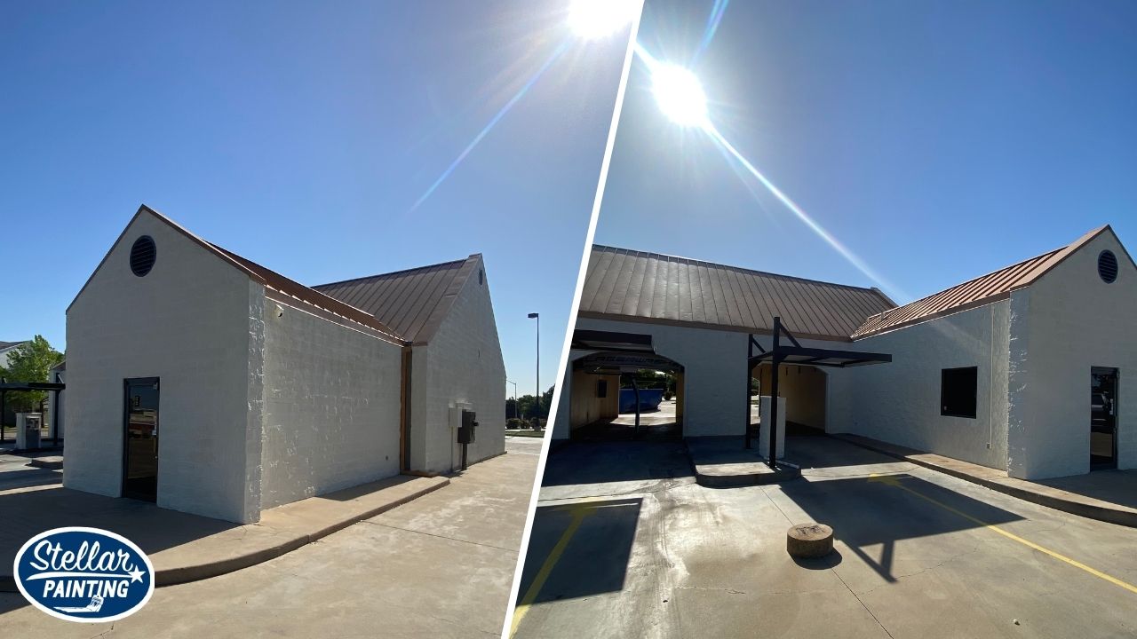 Exterior Painting Diamond Hill-Jarvis Fort Worth, TX - Climate Considerations - Stellar Painting This is a commercial exterior painting project by Stellar Painting in Diamond Hill-Jarvis Fort Worth, TX, showing brightened stucco walls and trim under full sun.