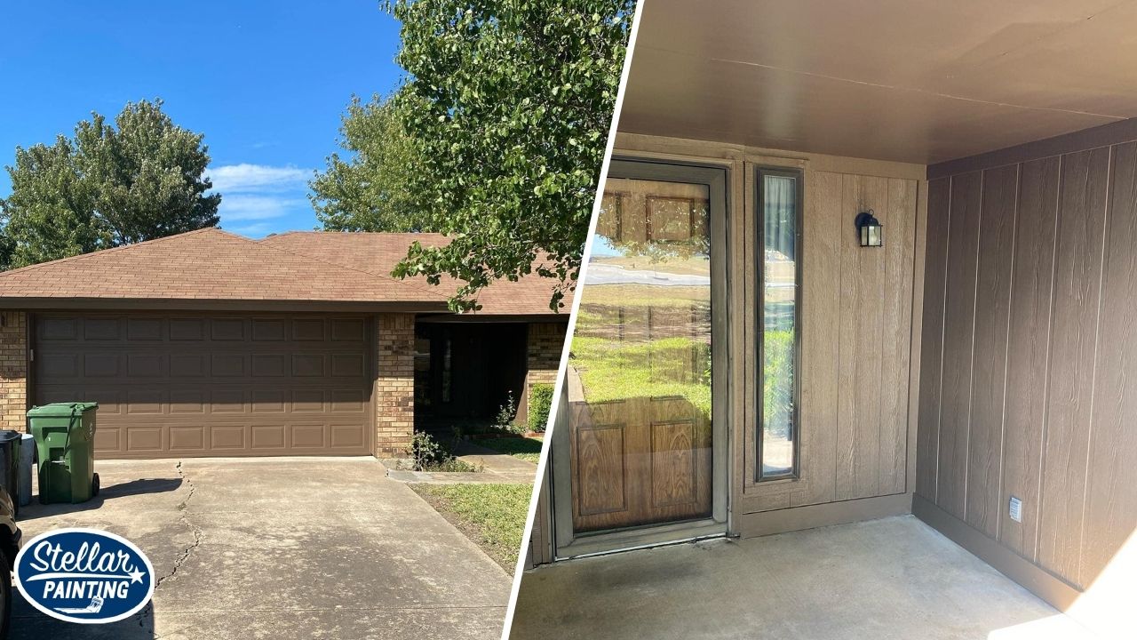 Exterior Painting Diamond Hill-Jarvis Fort Worth, TX - Seasonal Adjustments - Stellar Painting This is an exterior painting project by Stellar Painting in Diamond Hill-Jarvis Fort Worth, TX, showing a painted garage door and patio entry.