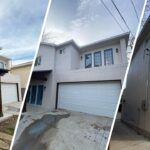 This is a three-way split image of an exterior painting project by Stellar Painting in Alexandra Meadows Fort Worth, TX, showing multiple angles of a white-painted brick home with blue window frames.