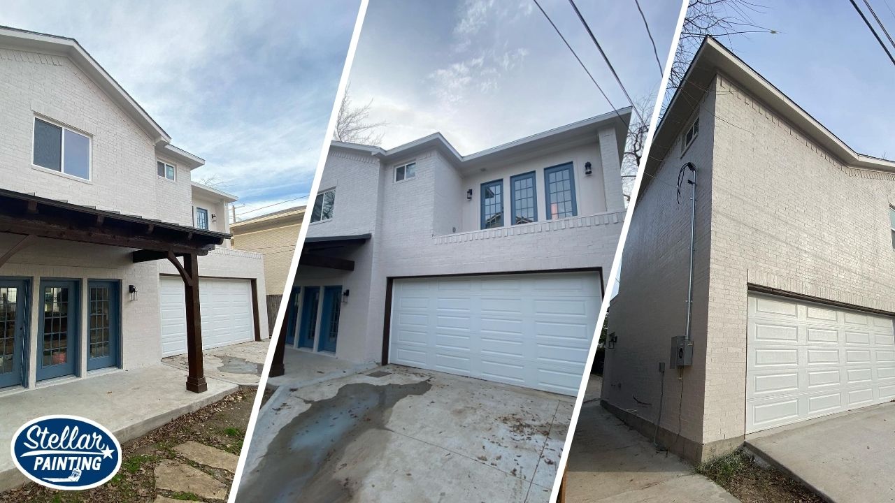 This is a three-way split image of an exterior painting project by Stellar Painting in Alexandra Meadows Fort Worth, TX, showing multiple angles of a white-painted brick home with blue window frames.