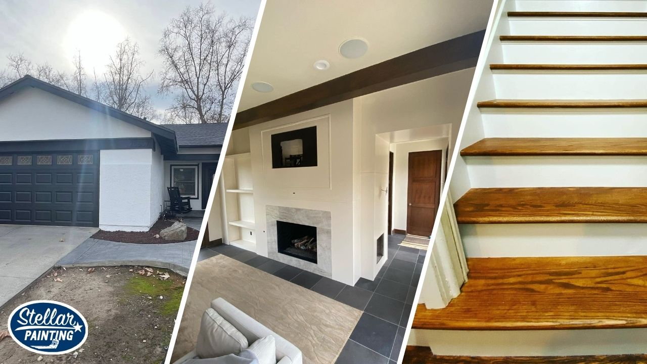 This is a house painting project by Stellar Painting in Diamond Hill-Jarvis Fort Worth, TX, highlighting exterior siding, a painted living room, and refinished stairs.