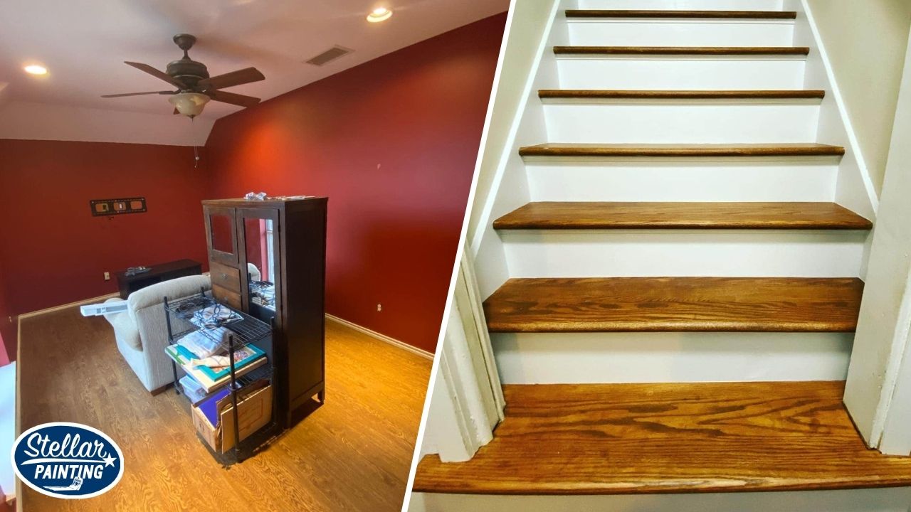 This is an interior painting project by Stellar Painting in Diamond Hill-Jarvis Fort Worth, TX, featuring a red accent wall and freshly painted wood stairs.