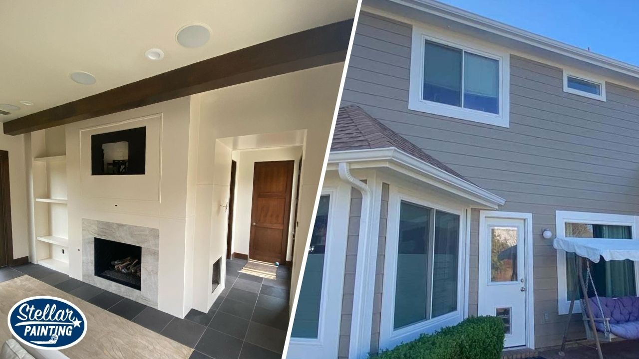 This is a painting project by Stellar Painting in Diamond Hill-Jarvis Fort Worth, TX, showing interior wall and ceiling work alongside an exterior siding repaint.
