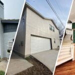 This is a split image of a white house, a newly painted interior, and the back of the house.
