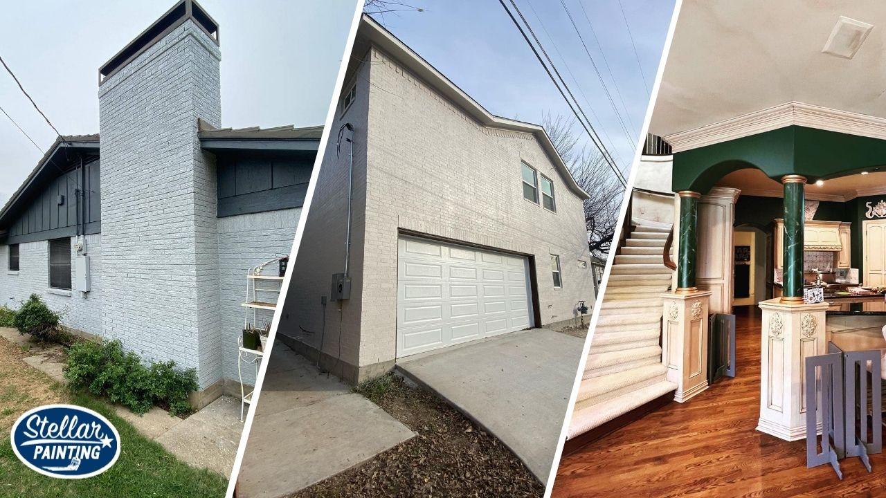 This is a split image of a white house, a newly painted interior, and the back of the house.