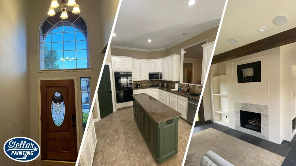 This is a three-way split image of interior painting projects by Stellar Painting in Alexandra Meadows Fort Worth, TX, including a foyer, kitchen, and living room.