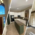 This is a three-way split image of interior painting projects by Stellar Painting in Alexandra Meadows Fort Worth, TX, including a foyer, kitchen, and living room.