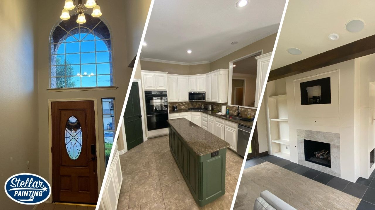 This is a three-way split image of interior painting projects by Stellar Painting in Alexandra Meadows Fort Worth, TX, including a foyer, kitchen, and living room.