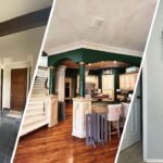 This is an interior painting project by Stellar Painting in Diamond Hill-Jarvis Fort Worth, TX, showing a fireplace wall, a green-accented kitchen, and a bright hallway.
