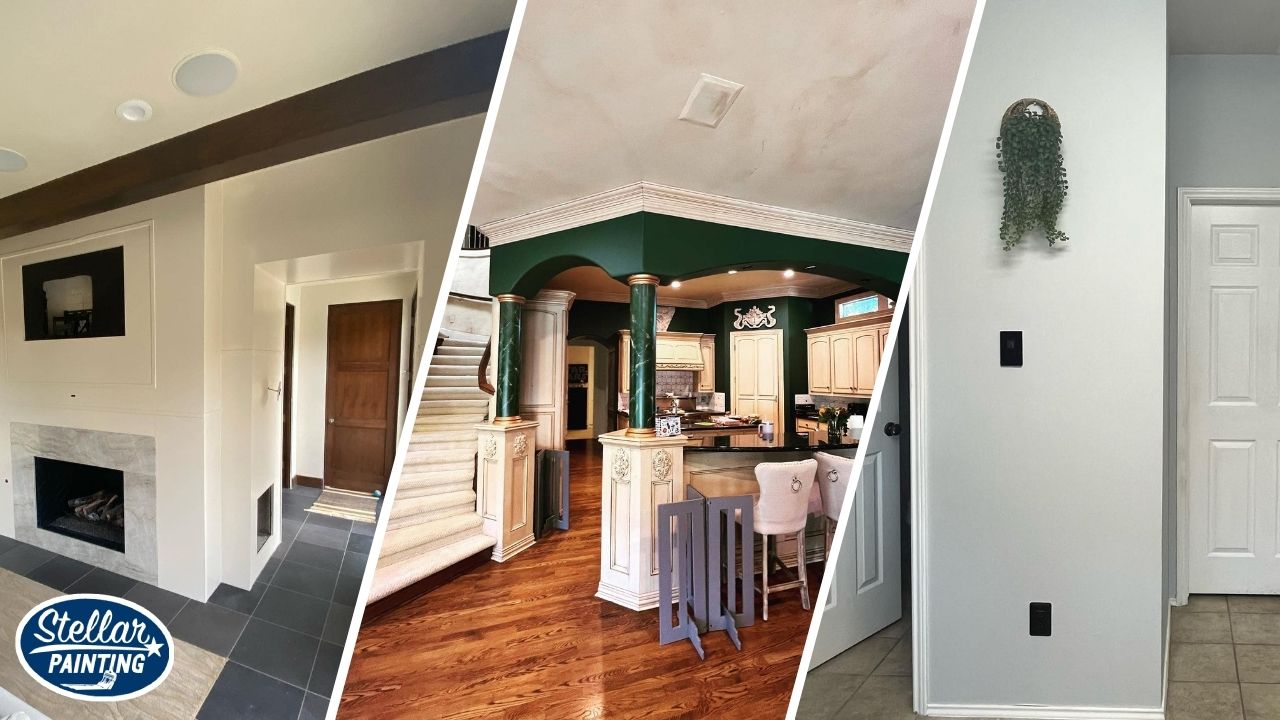 This is an interior painting project by Stellar Painting in Diamond Hill-Jarvis Fort Worth, TX, showing a fireplace wall, a green-accented kitchen, and a bright hallway.