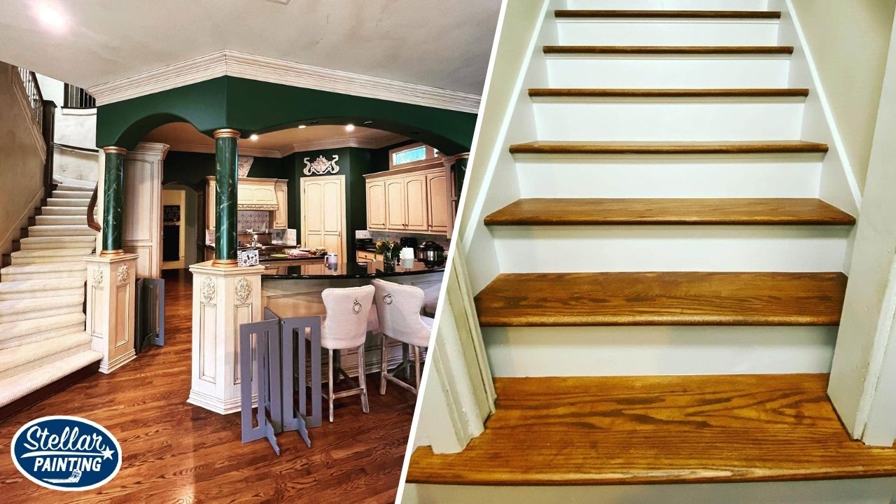 Interior Painting Diamond Hill-Jarvis Fort Worth - Surface Types - Stellar Painting This is an interior painting project by Stellar Painting in Diamond Hill-Jarvis Fort Worth, TX, featuring a dramatic green kitchen and stained wooden staircase.